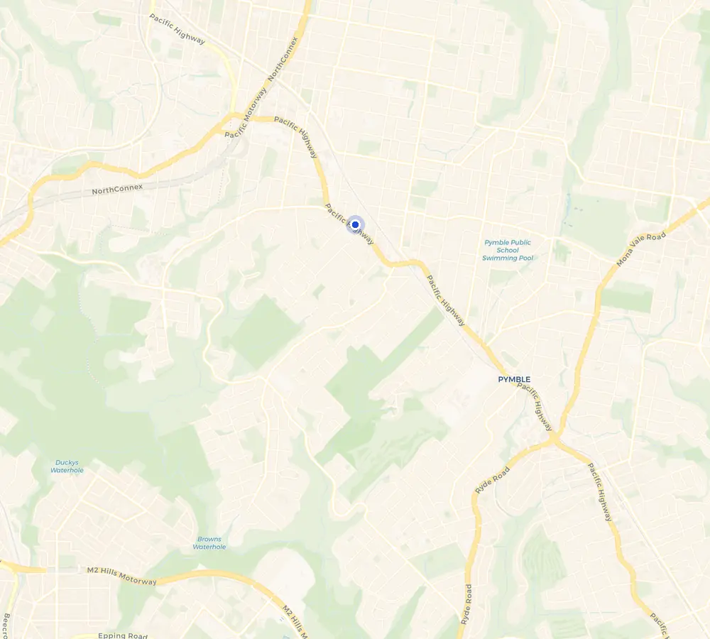 Map of the Warrawee service area and the surrounding Upper North Shore, showing Warrawee and the nearby streets we cover.