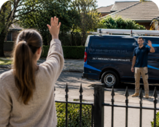 Customer waving goodbye to a Warrawee Blocked Drains plumber